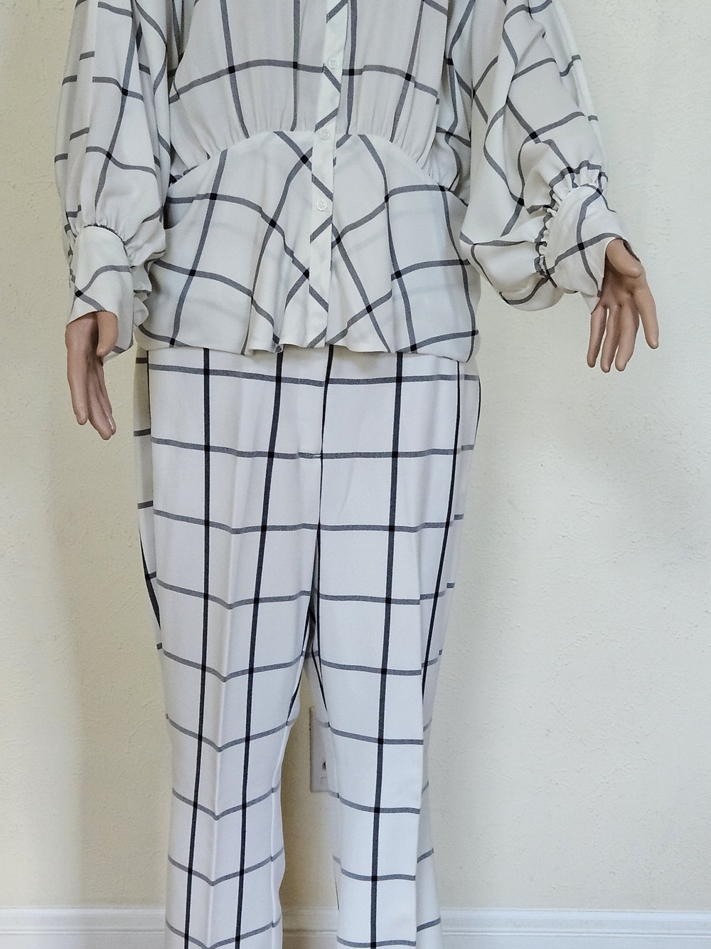 Windowpane Wide-Leg Pants & Matching Blouse - White/Black